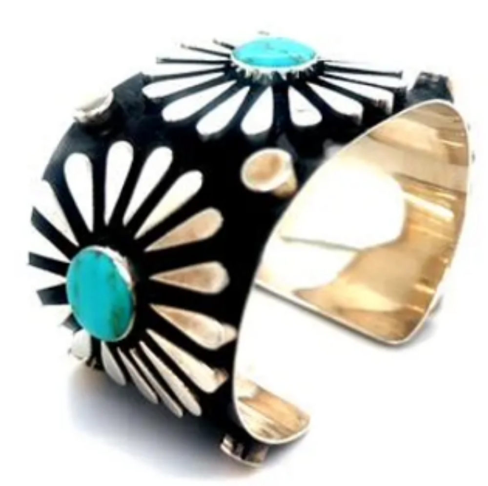 Turquoise 925 Mexican Silver Sunflower Wide Cuff Exquisite Bracelet - Picture 5 of 6